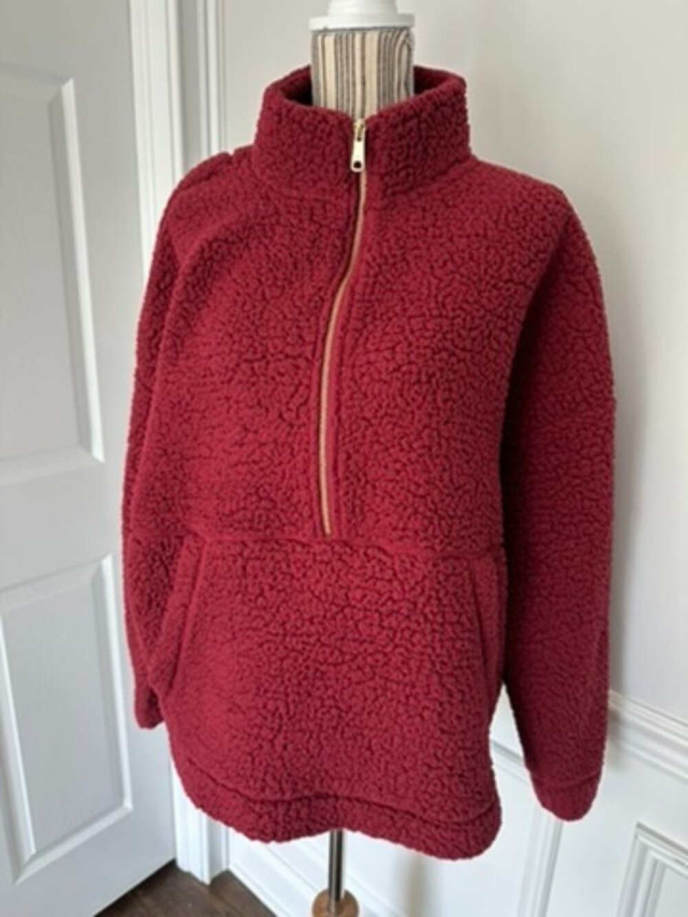 Aerie Sherpa Fleece Quarter Zip Pullover Burgundy Oversized Teddy Jacket Large